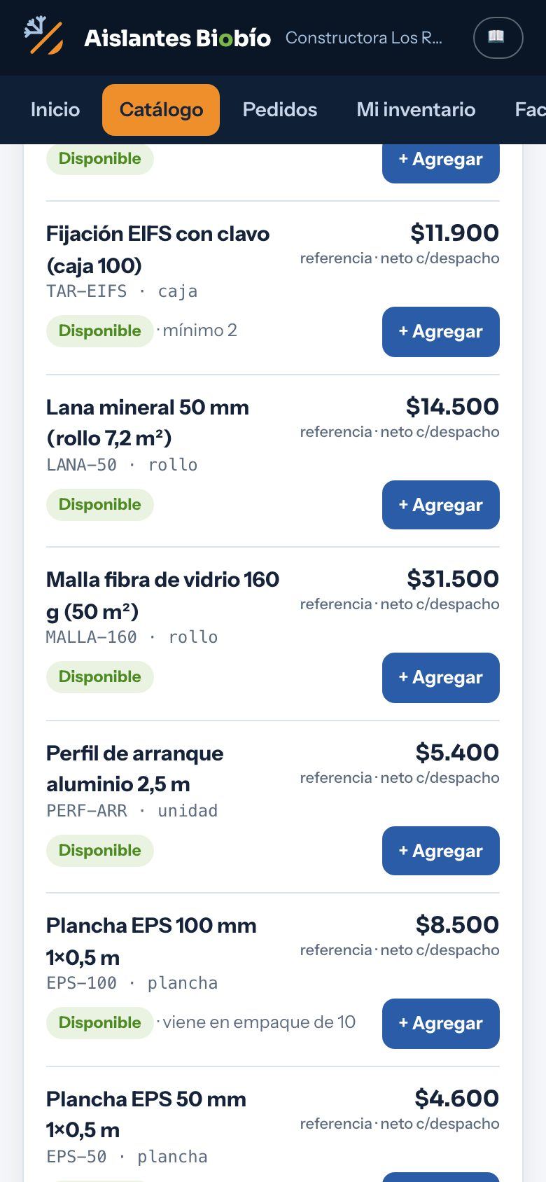 Catálogo del portal en el celular