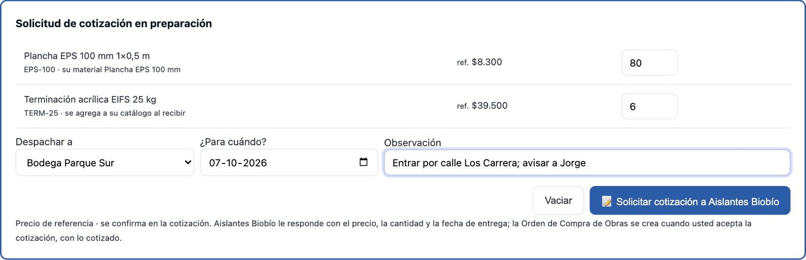 Solicitud de cotización en preparación en Obras