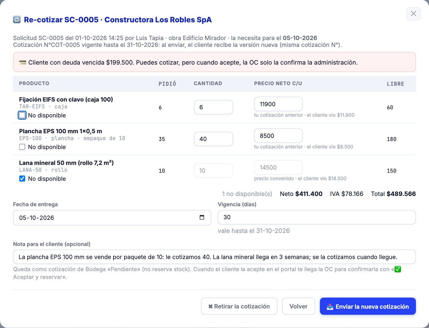 Re-cotizar una cotización vigente